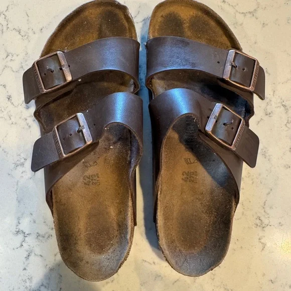 Birkenstock Arizona Brown Dual-Buckle Leather Slide Sandals - Picture 1 of 7